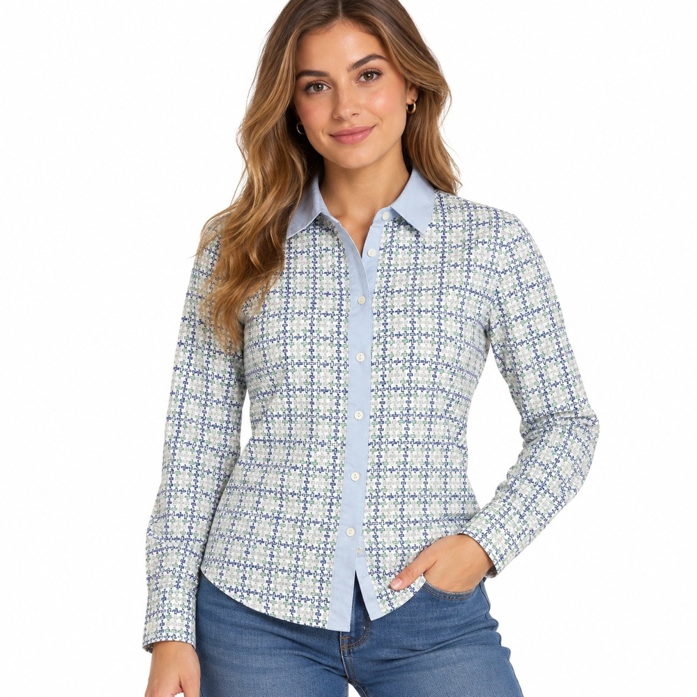 Tommy Hilfiger Womens Medium Blue Green Monogram Print Button Down Shirt